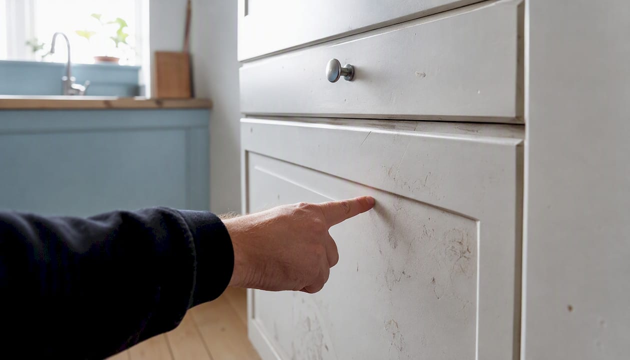 Hånd peger på rengøringsfejl på køkkenskab